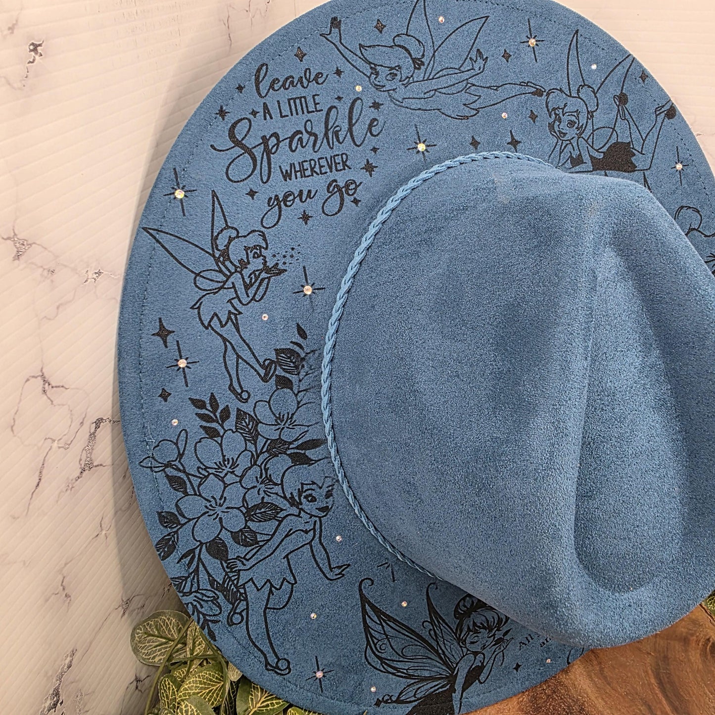 Tinkerbell Sassy Fairy Princess Fedora Burned Hat, Boho Vegan Suede Wide Brim Hat