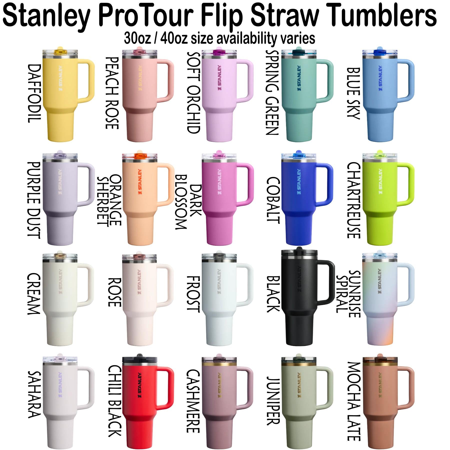 a collection of colorful Stanley ProTour Flip Straw Tumblers in various sizes and colors, including yellow, peach, blue sky, green, purple, orange, black, and more.