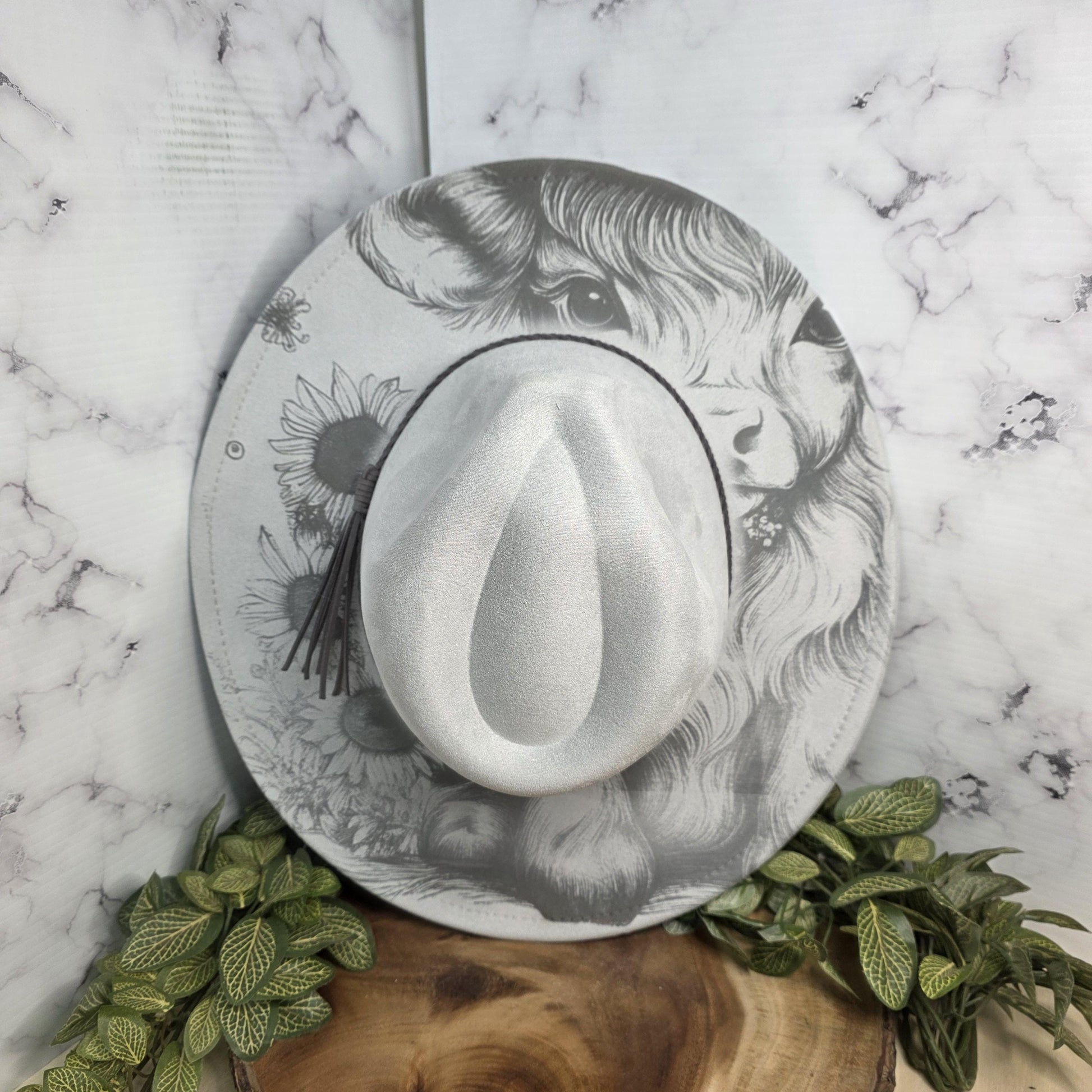 Western style vegan suede hat with detailed laser engraving