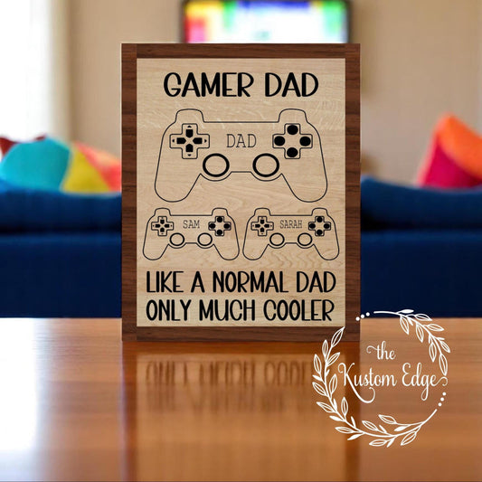 Personalized Gamer Dad Wooden Sign: Custom Kids Names & Controllers