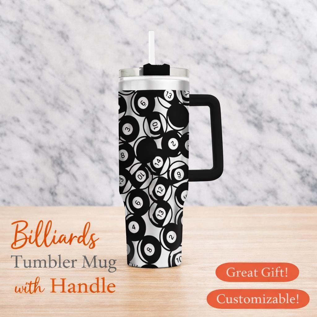 Billiards Tumbler With Handle, Pool Ball Stainless Steel Mug With Straw
