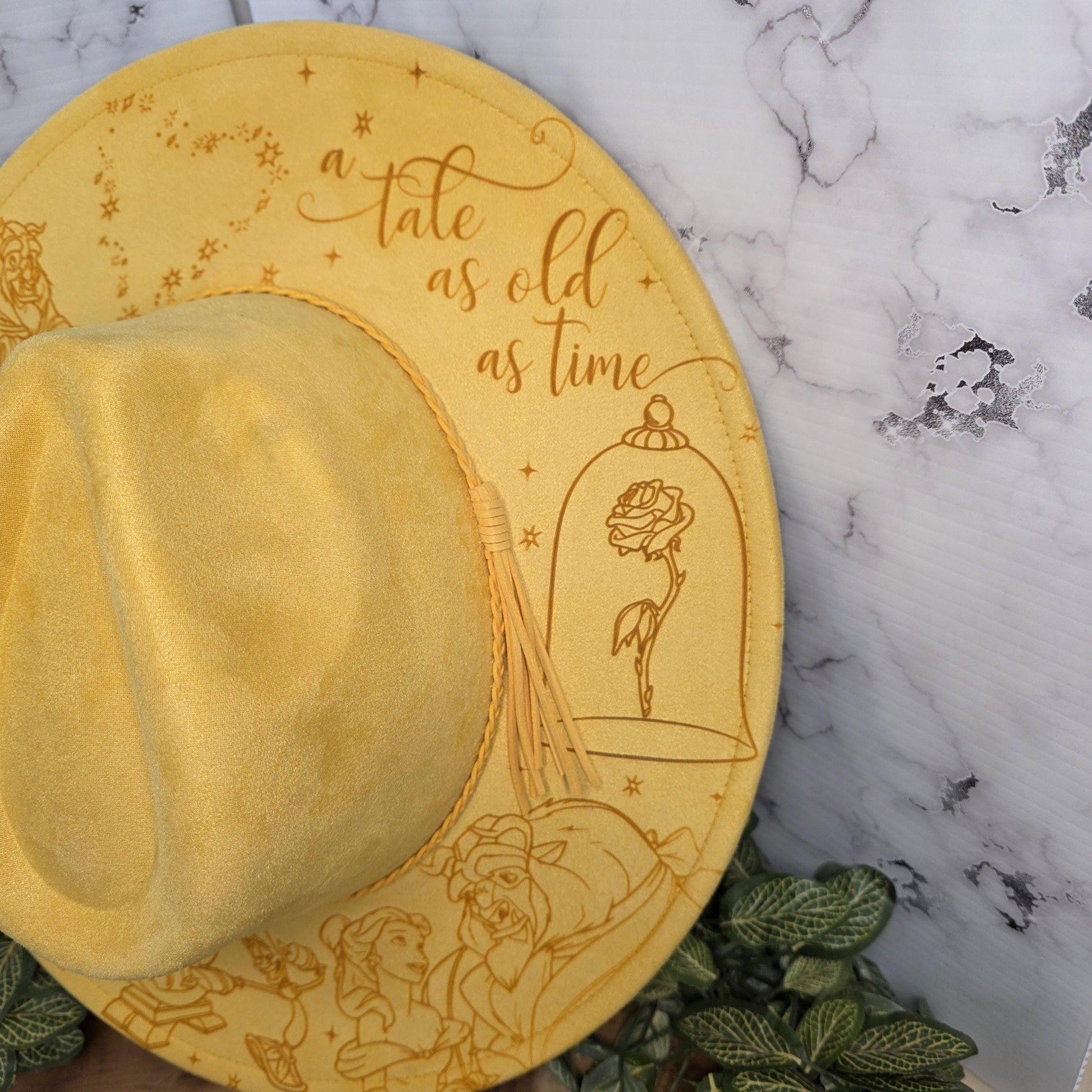 Laser engraved storybook themed wide brim hat adjustable