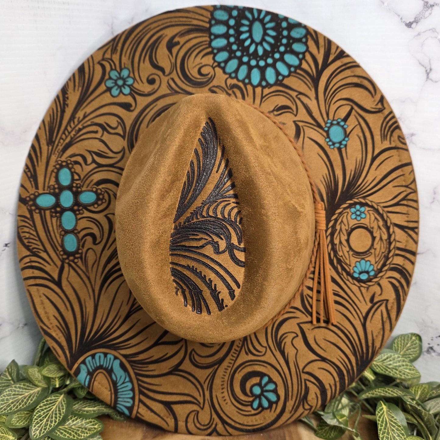 Laser engraved western turquoise pattern vegan suede wide brim hat with feather engraving on crown