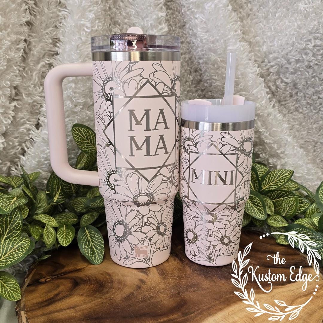 Mama and Mini Set Daisy Engraved Tumbler, Water Bottle Mother's Day Gift Etched Stainless Steel Cup Personalized Tumbler Flower Cup For Her