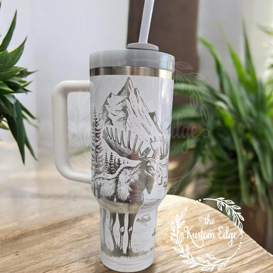 Moose With Mountains Laser Engraved Tumbler, 40oz - 30oz Personalized Cup, Custom Made Cup