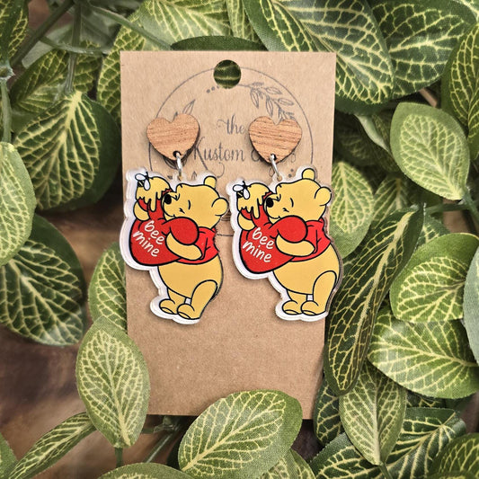 Winnie The Pooh Valentines Dangle Earrings: Stainless Steel & Wooden Heart