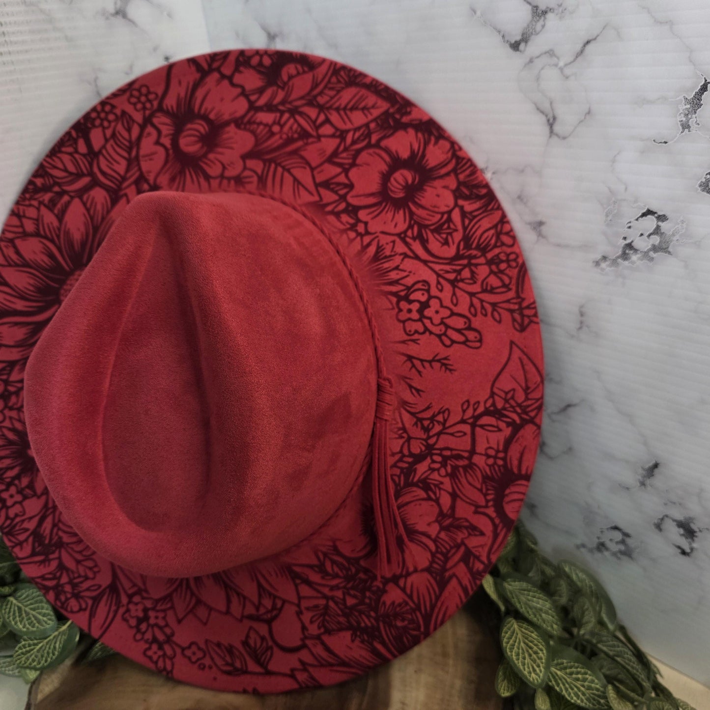 Western Horse Fedora Burned Hat, Boho Vegan Suede Wide Brim Hat