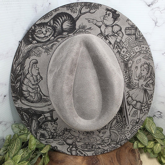 Alice In Wonderland Classic Engraved Wide Brim Fedora Hat Tea Party Design