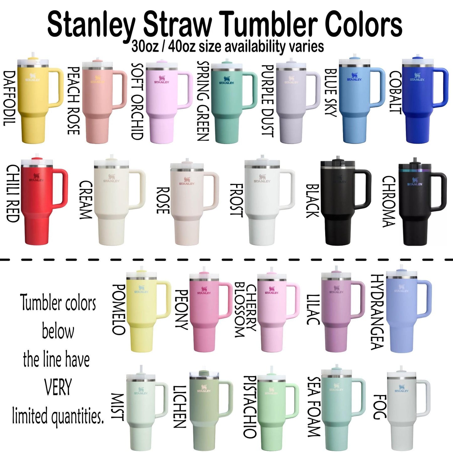 a variety of Stanley Straw Tumblers in different colors, including yellow, pink, green, blue, and black. The tumblers are arranged in rows, showcasing the available sizes and colors.