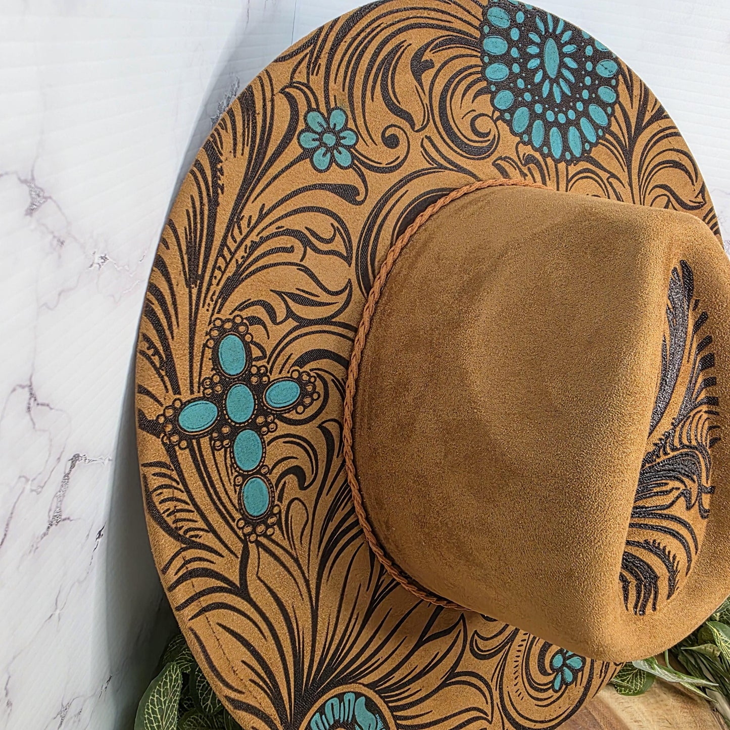 Western Turquoise Engraved Wide Brim Hat, Boho Cowgirl Vegan Suede Fedora, Boutique Rodeo Fashion