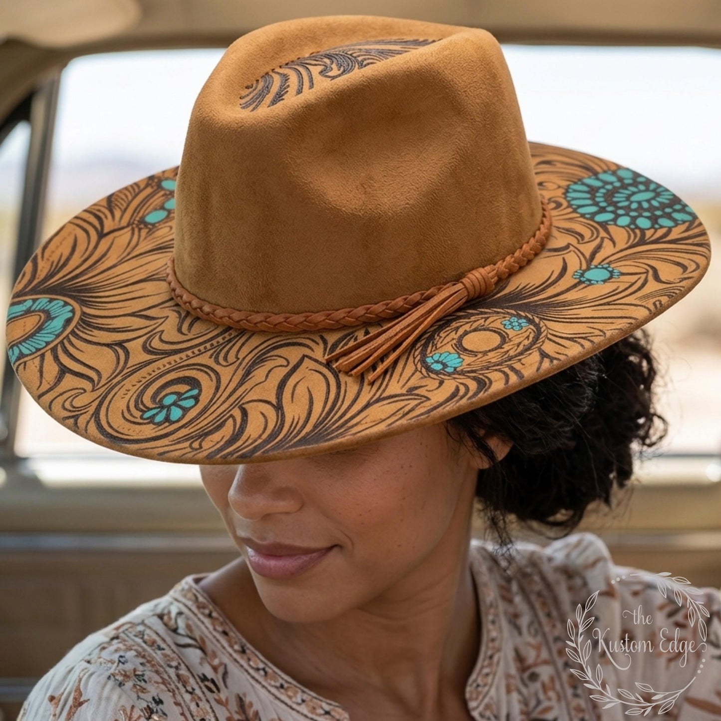 Western Turquoise Engraved Wide Brim Hat, Boho Cowgirl Vegan Suede Fedora, Boutique Rodeo Fashion