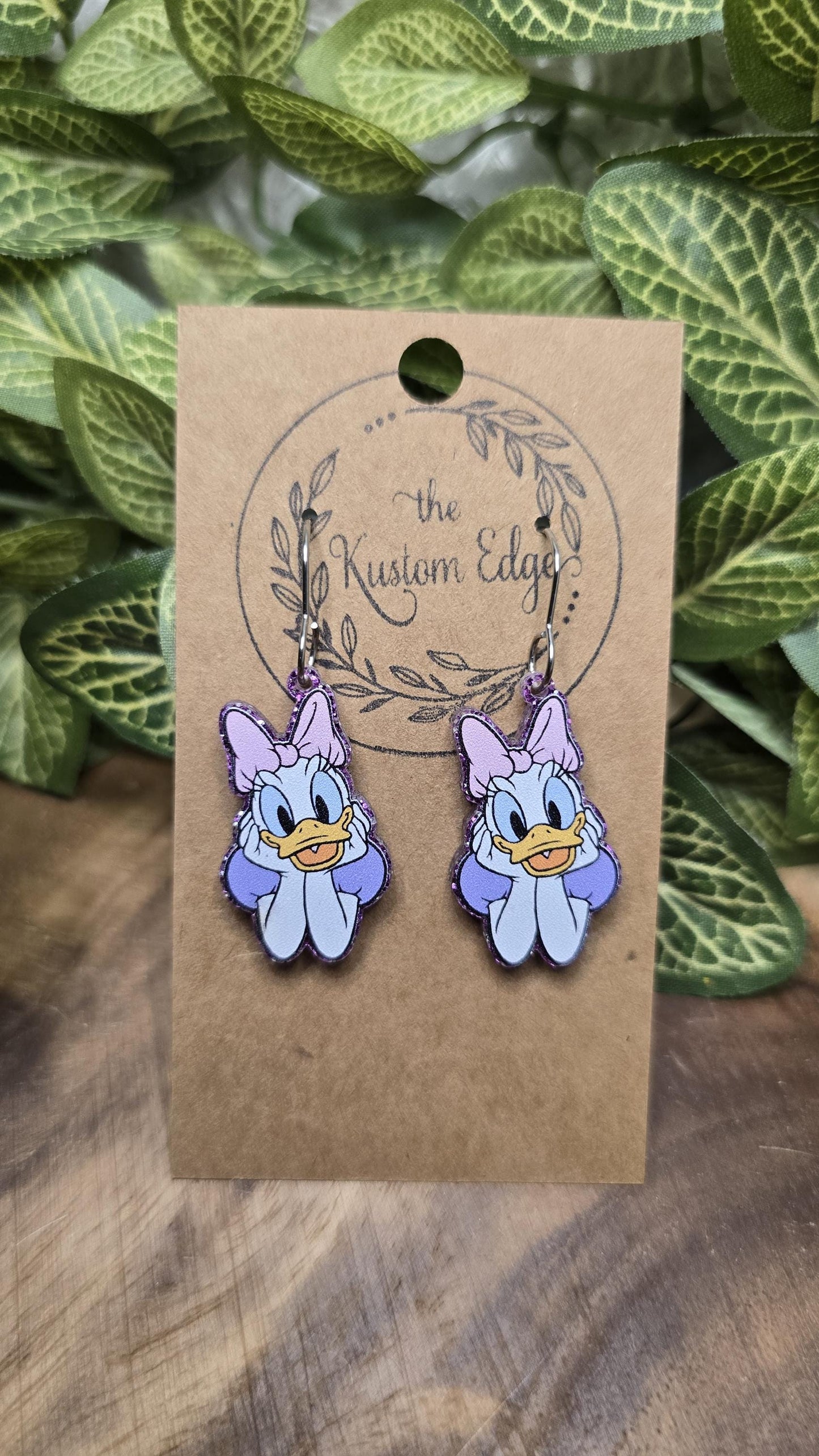 Daisy Duck Dangle Oval Drop Earrings, Sassy Duck, Lightweight Glitter Jewelry, Stainless Steel