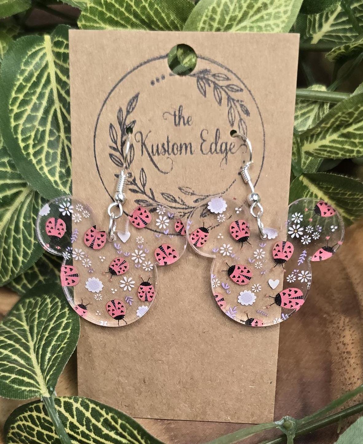 Lady Bug Mouse Head Dangle Earrings, Love Bug Acrylic, Flowers & Heart Lady Bug Design, Valentines Gift For Her, Handmade Magical Earrings