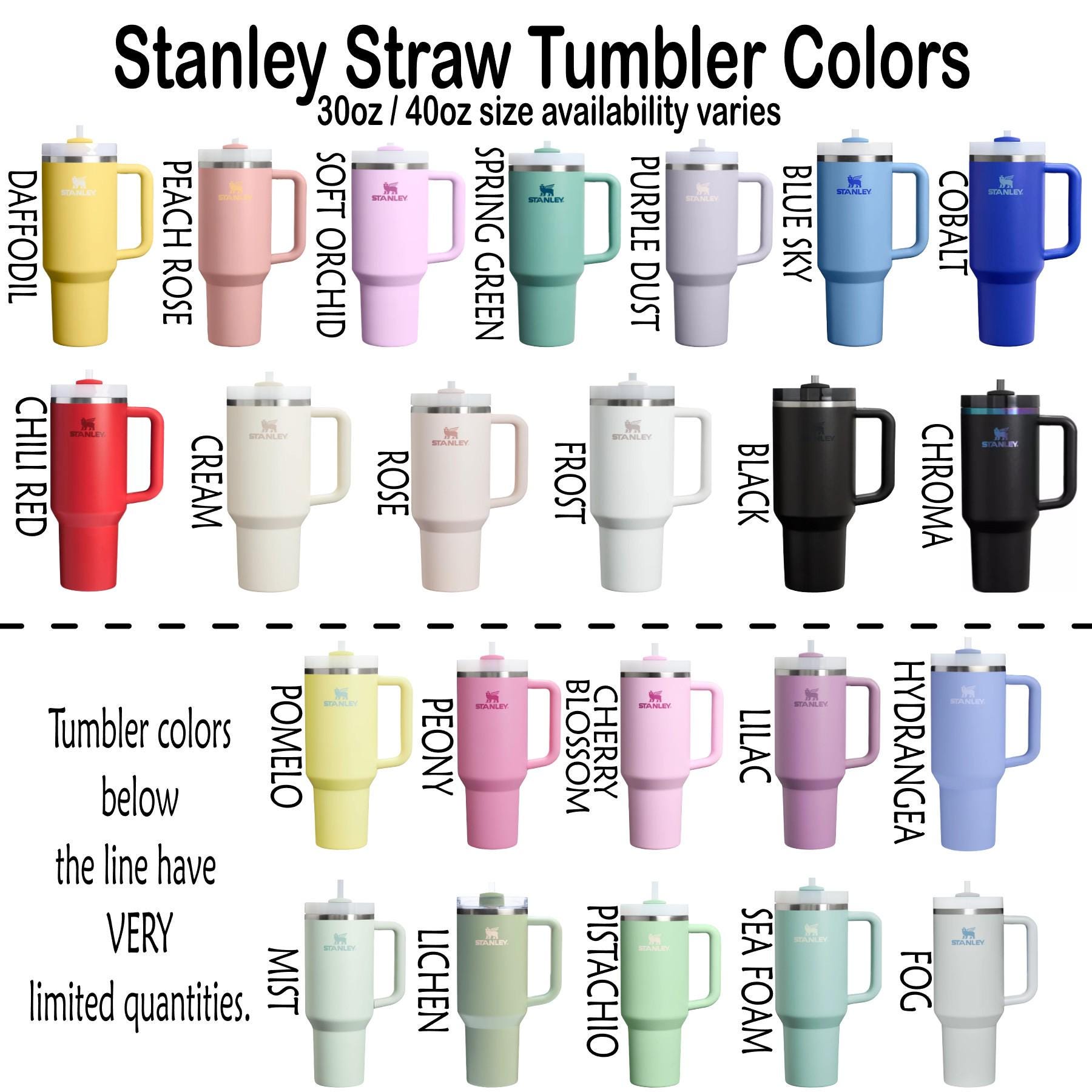 a variety of Stanley Straw Tumblers in different colors, including yellow, pink, green, blue, and black. The tumblers are arranged in rows, showcasing the available sizes and colors.