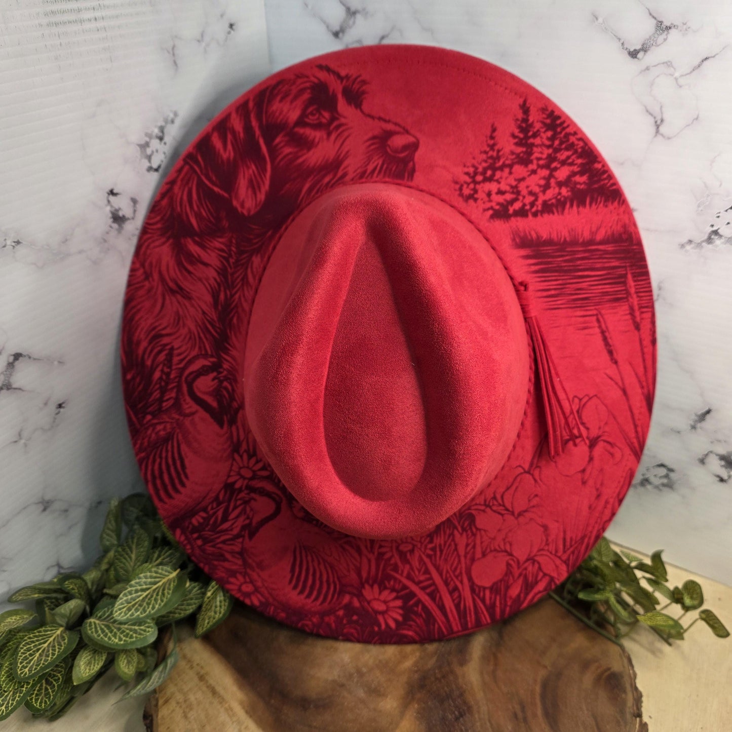 Hunting Pointer Dog Scene, Wide Brim Hat, Laser Engraved Fedora, Bird Dog Gift