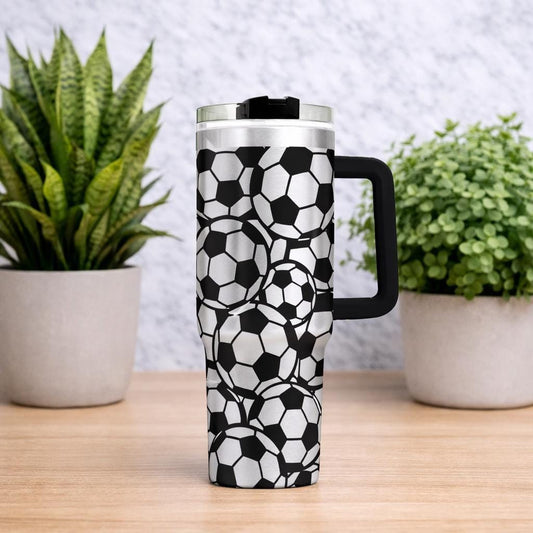 Soccer Tumbler with Handle, Black & White Pattern, Sports Drinkware