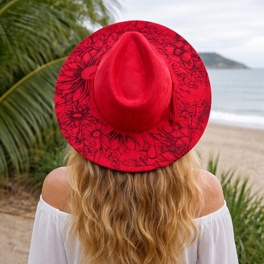 Western Horse Fedora Burned Hat, Boho Vegan Suede Wide Brim Hat