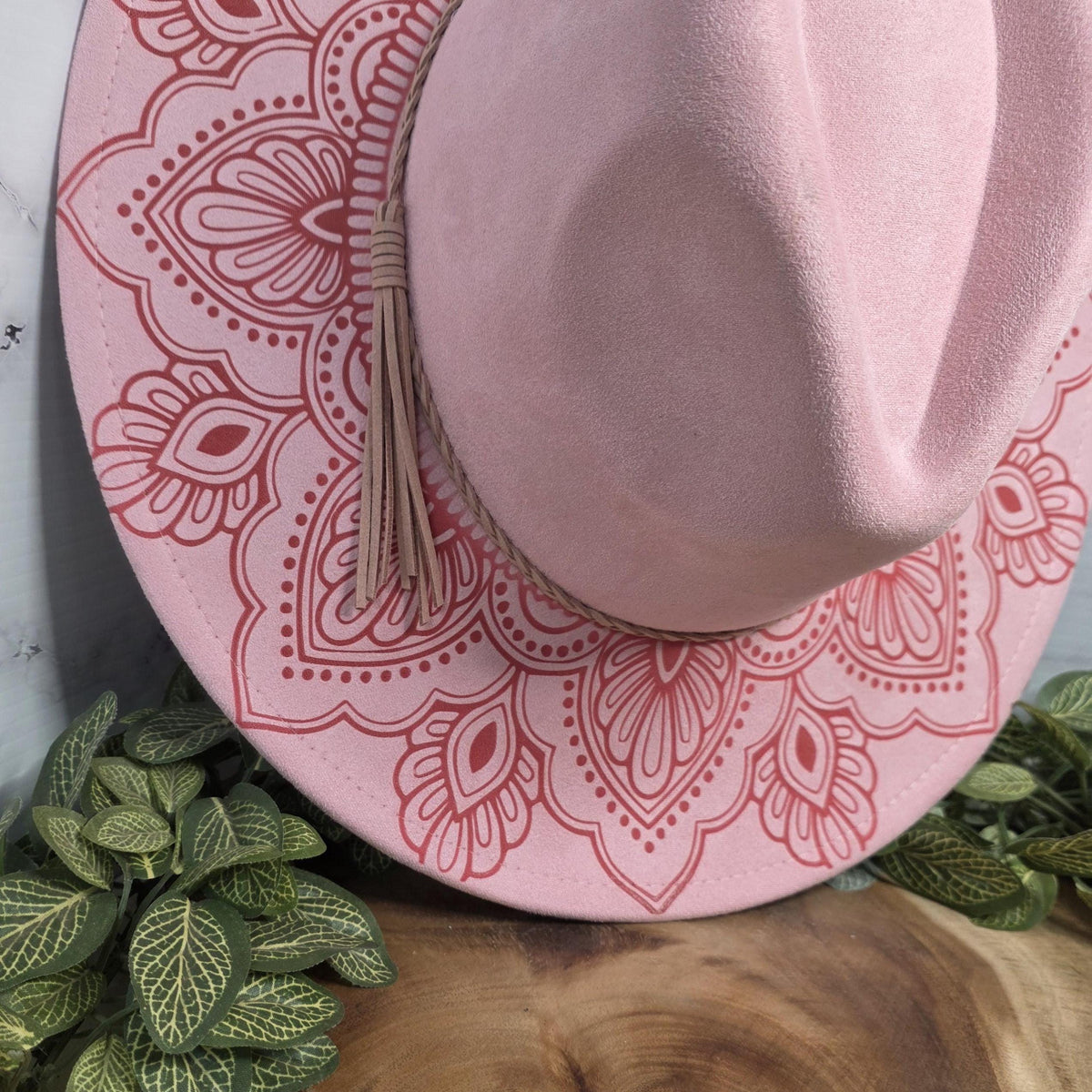 Boho western vegan suede hat with intricate mandala design