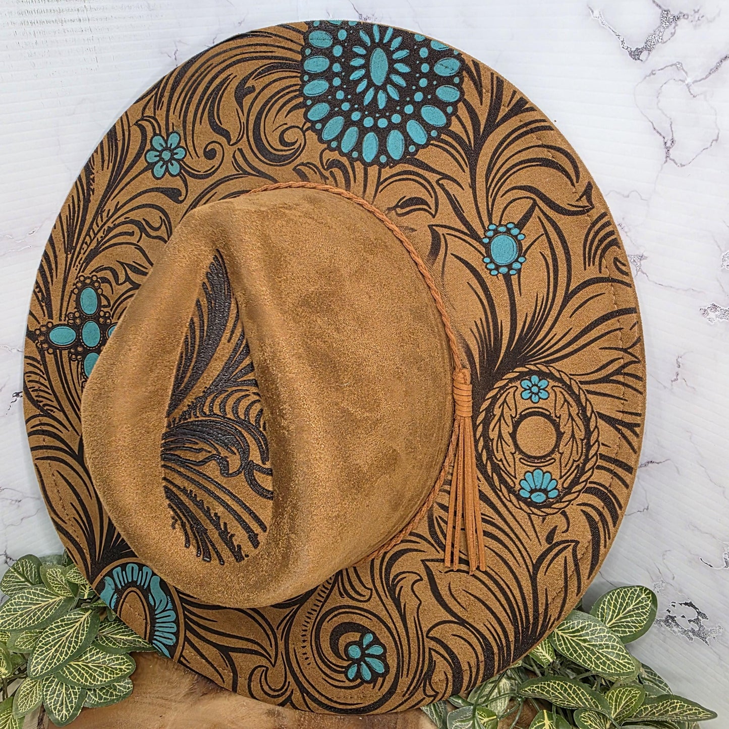 Western Turquoise Engraved Wide Brim Hat, Boho Cowgirl Vegan Suede Fedora, Boutique Rodeo Fashion