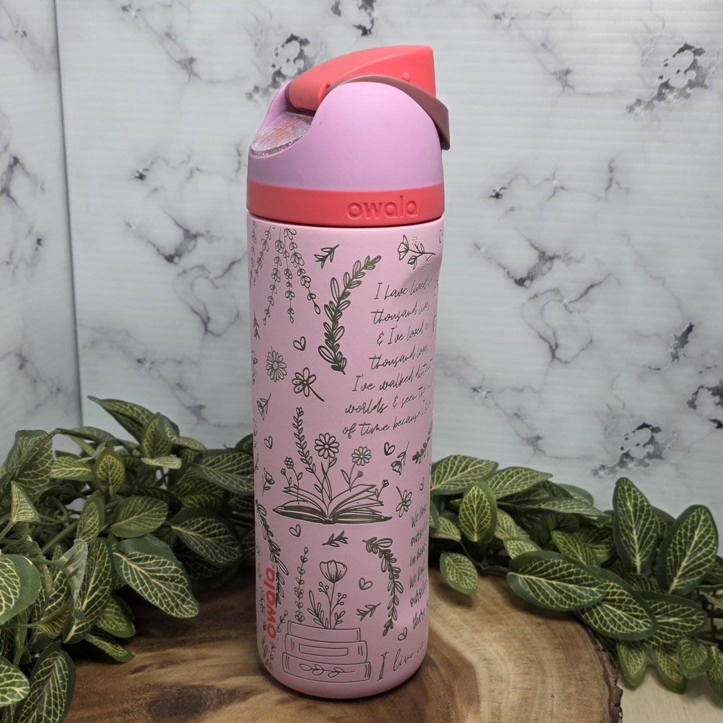 pink owala water bottle engraved books flowers aesthetic
