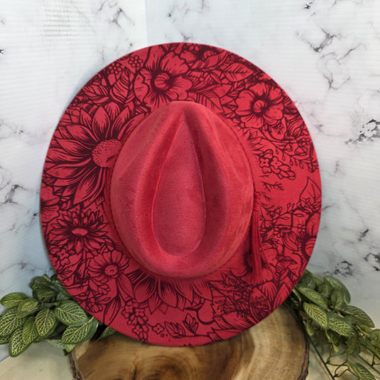 Western Horse Fedora Burned Hat, Boho Vegan Suede Wide Brim Hat