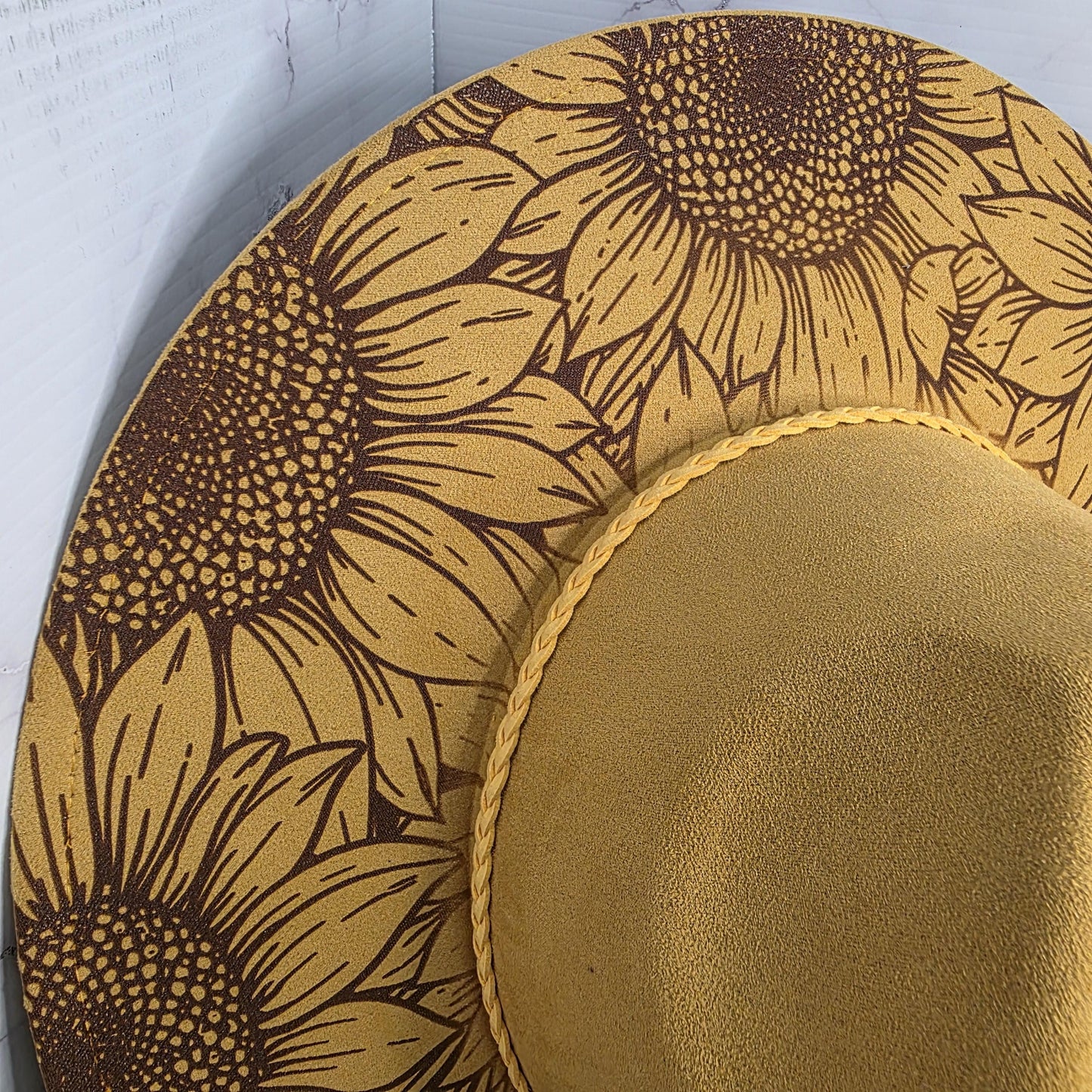 Laser Engraved Sunflower Hat | Personalized Wide Brim Vegan Suede Hat | Custom Boho Gift