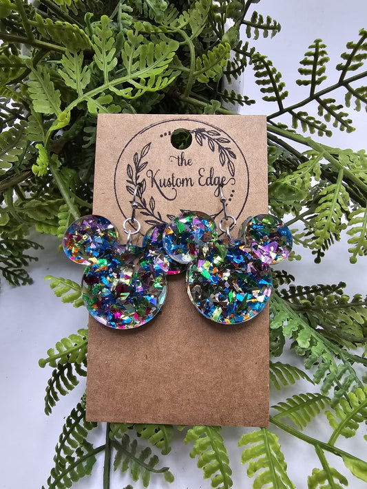 Rainbow Glitter Flake Mouse Head Acrylic Earrings image 0