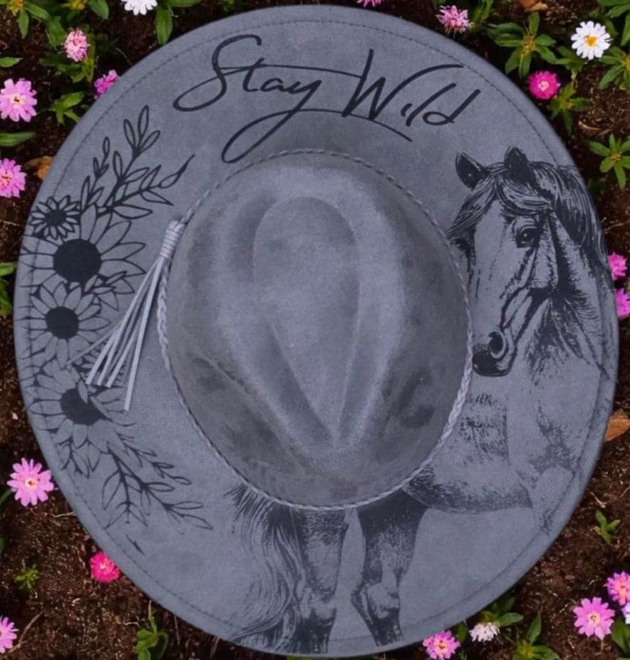 Gray wide brim vegan suede hat with Stay Wild script and engraved horse