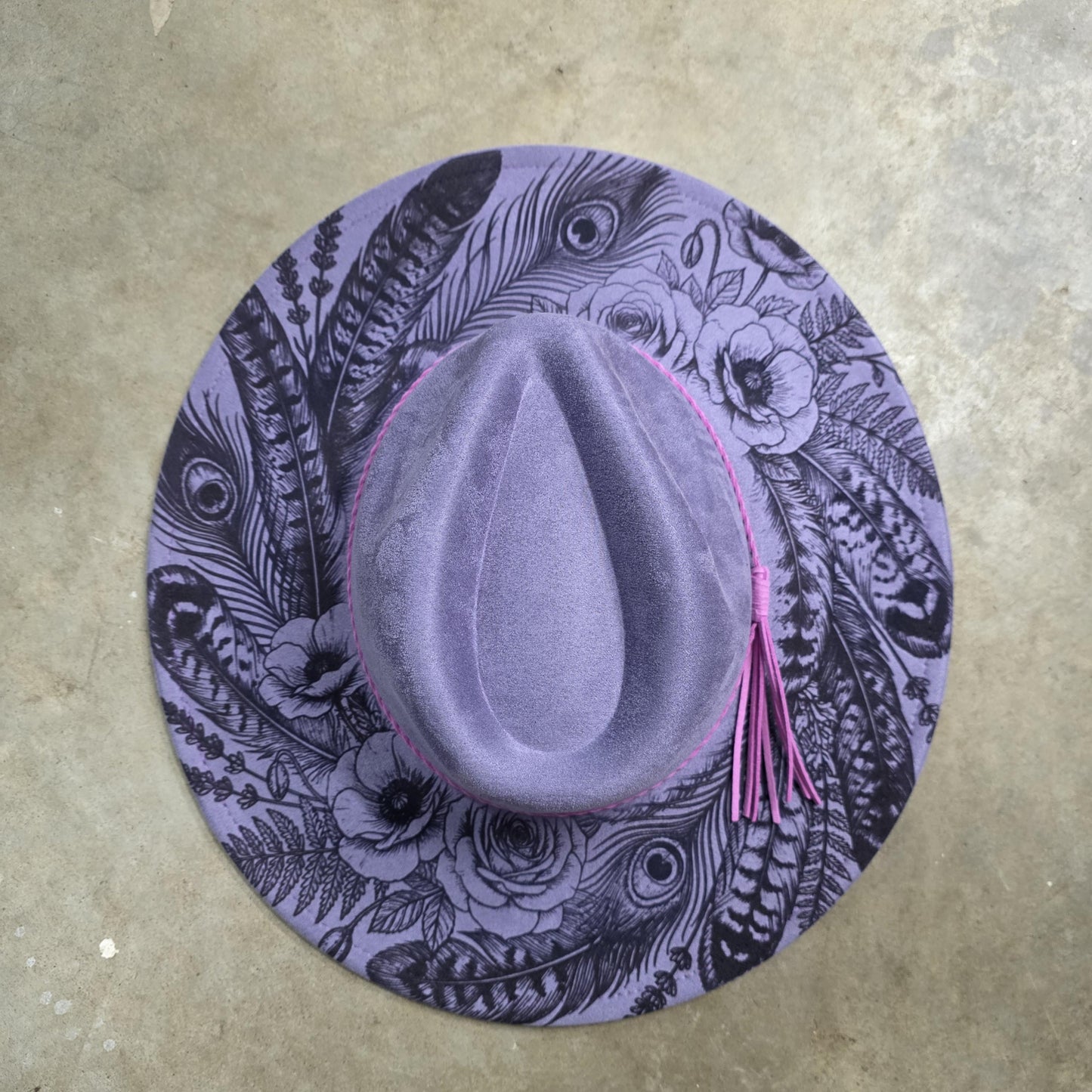 Feather Engraved Wide Brim Hat, Boho Western Vegan Suede Fedora, Boutique Festival Statement