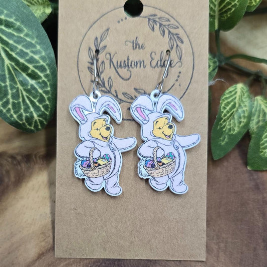 Winnie The Pooh Easter Bunny Dangle Earrings, Pooh Bear Earrings, Light Weight Acrylic, Stainless Steel, Gift For Her Handmade Drop Earrings