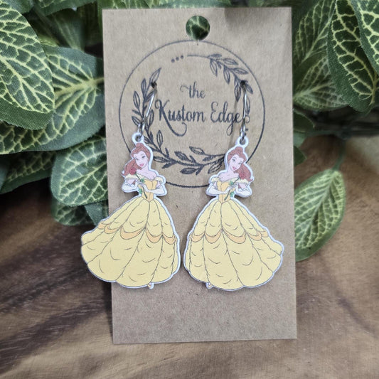 Princess Belle Dangle Earrings, Single Red Rose, Laser Cut, Perfect Gift For Her, Handmade Hypoallergenic Drop Style, Magical Mouse Earrings