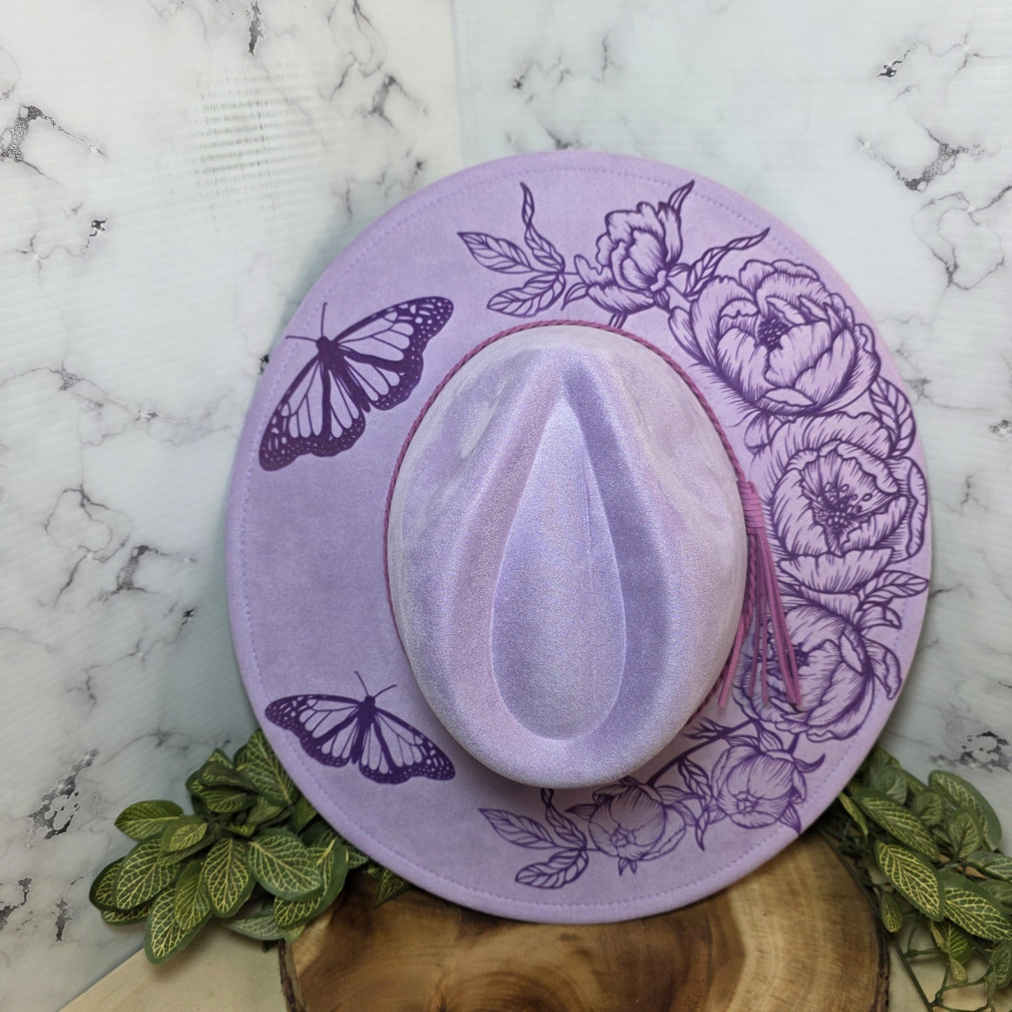 Butterfly Engraved Wide Brim Hat, Boho Western Vegan Suede Fedora, Floral Boutique Festival Fashion