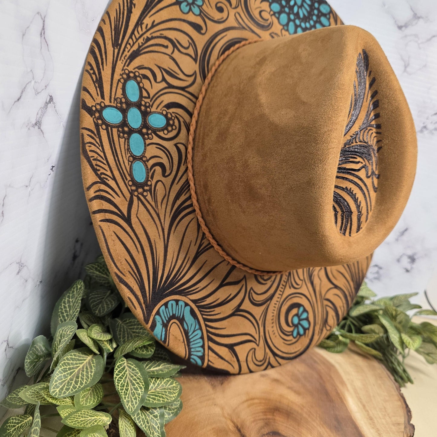 Western Turquoise Engraved Wide Brim Hat, Boho Cowgirl Vegan Suede Fedora, Boutique Rodeo Fashion