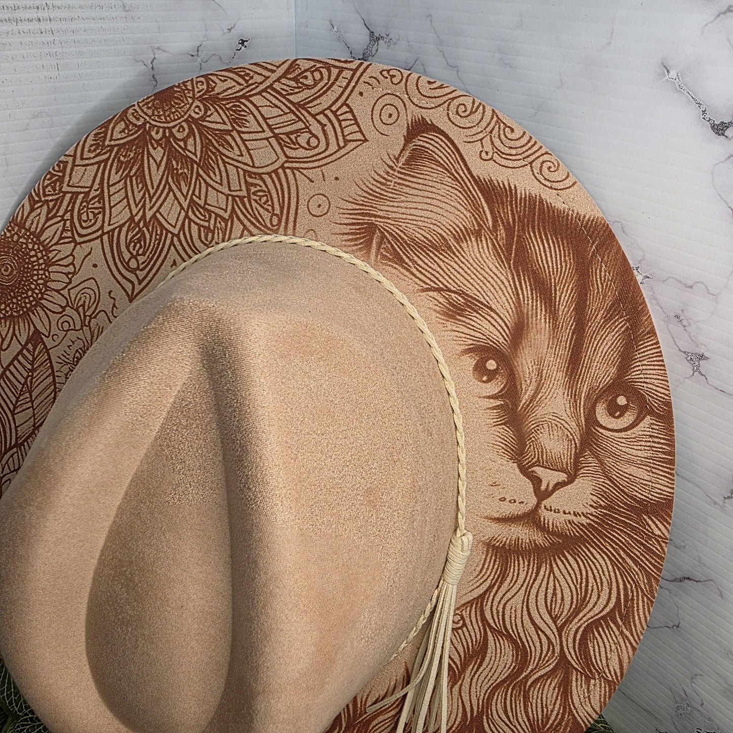 Cat Flowers Wide Brim Hat, Feline Lover Boho Gift, Floral Mandala, Unique Pet Portrait