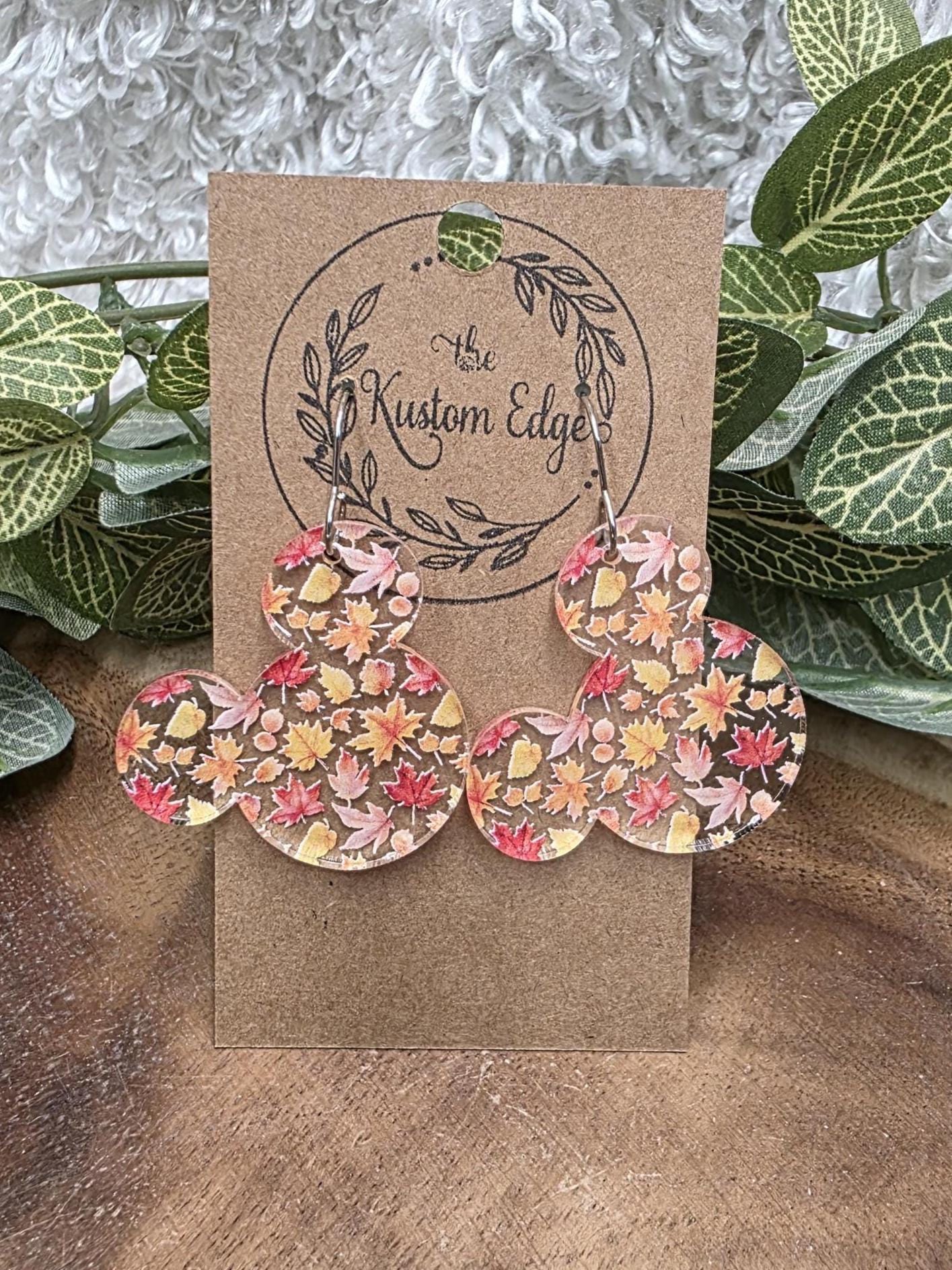 Fall Leaves Mickey Earrings: Acrylic Autumn Dangles, Light Weight, Stainless Steel, Hypoallergenic
