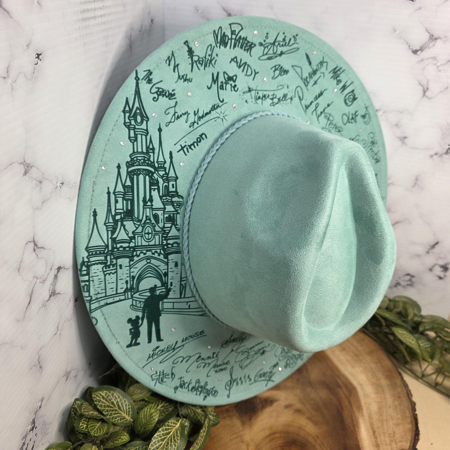 Fairytale Signature and Castle Engraved Wide Brim Hat, Rhinestone Western Fedora, Fantasy Inspired