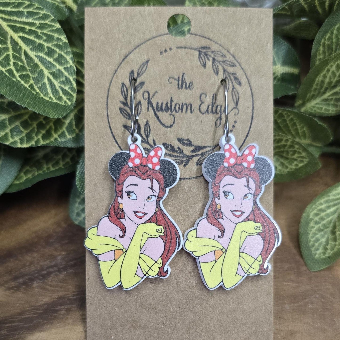 Princess Belle Acrylic Earrings: Gold Glitter, Stainless Steel, Magical Mouse