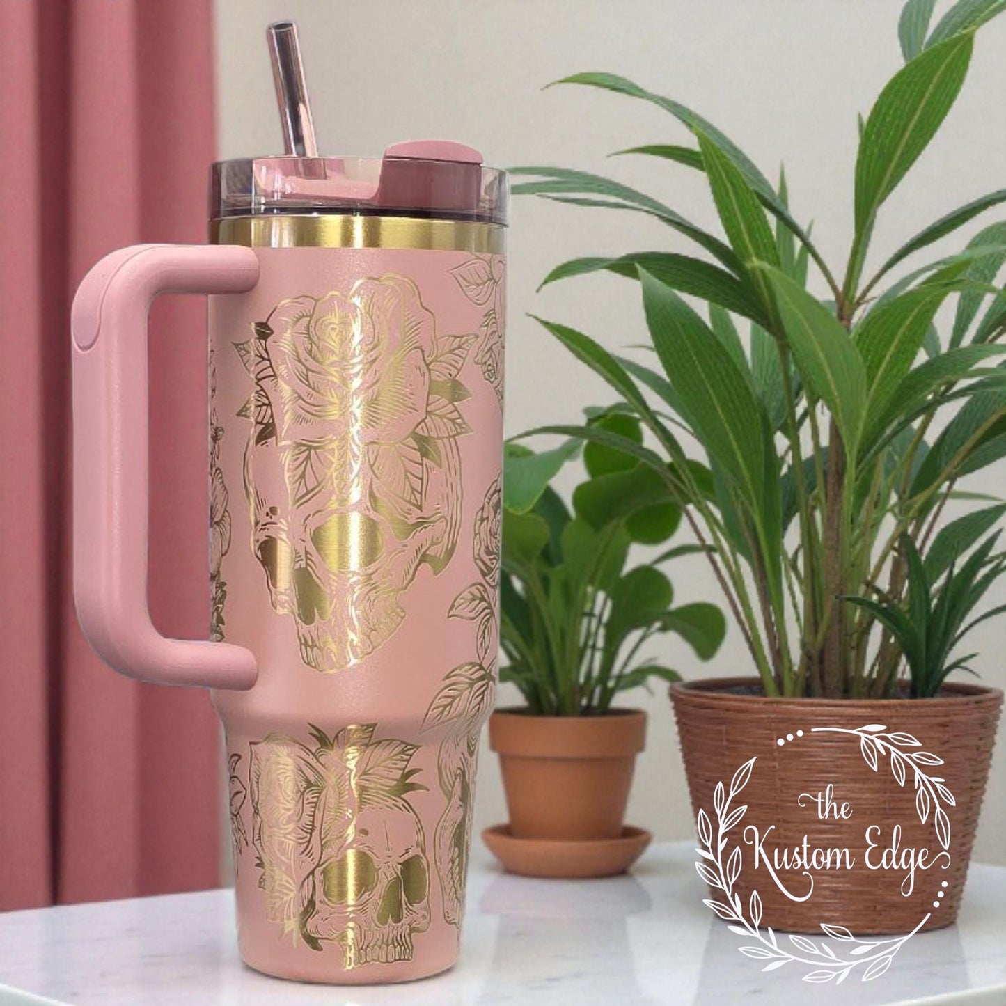 Engraved Skull and Roses Tumbler, Gothic Floral Stainless Steel Cup, Personalized Rock & Roll Gift