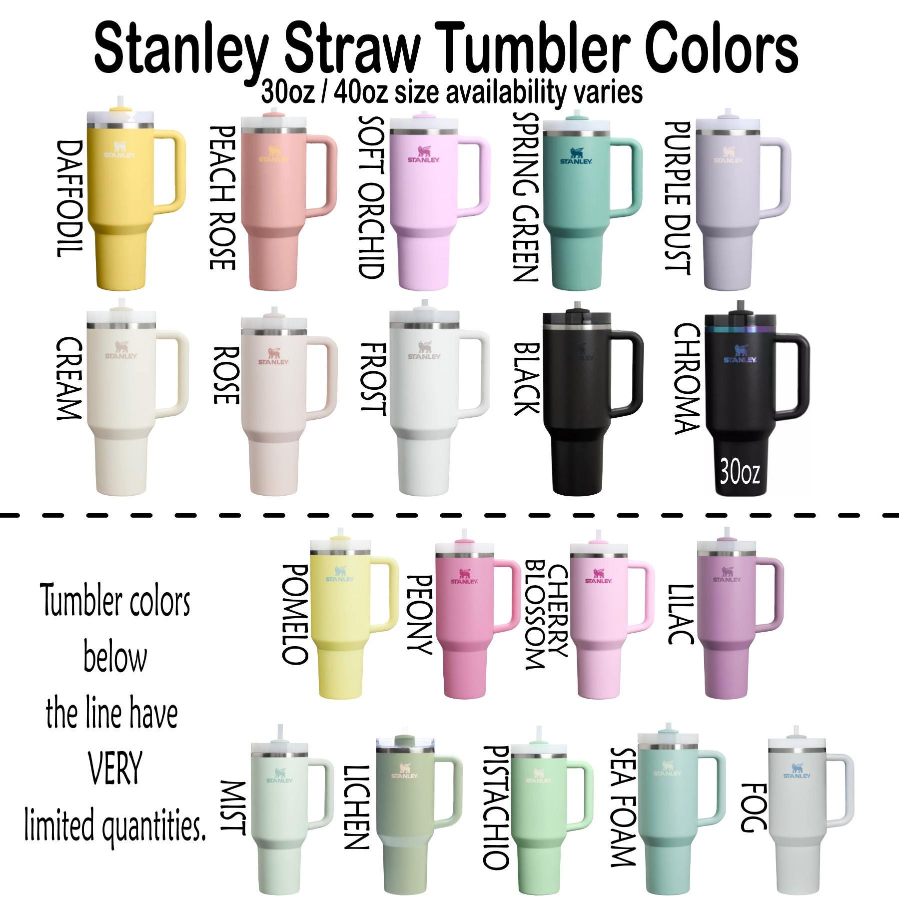 a variety of Stanley Straw Tumblers in different colors, including yellow, pink, green, black, and purple. The tumblers are available in sizes ranging from 30 oz to 40 oz, and the image includes a list of the available colors and sizes.