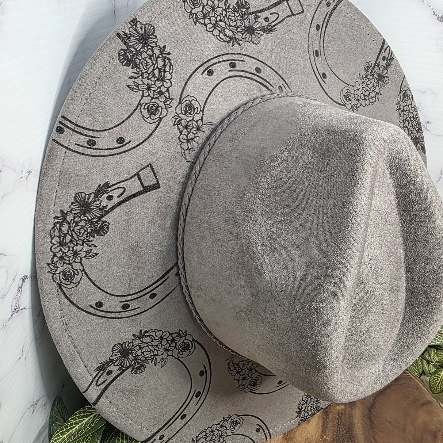 Horseshoe Wide Brim Hat, Western Cowgirl Boho Gift, Lucky Floral Design, Country, Statement Fedora