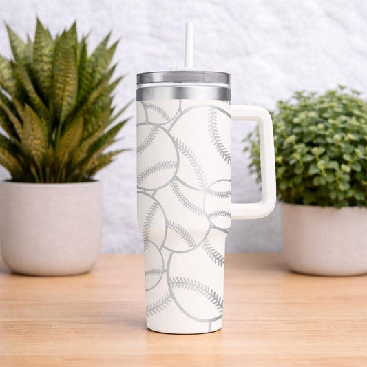 Baseball Softball Tumbler With Handle, Sports Stainless Steel Mug With Straw