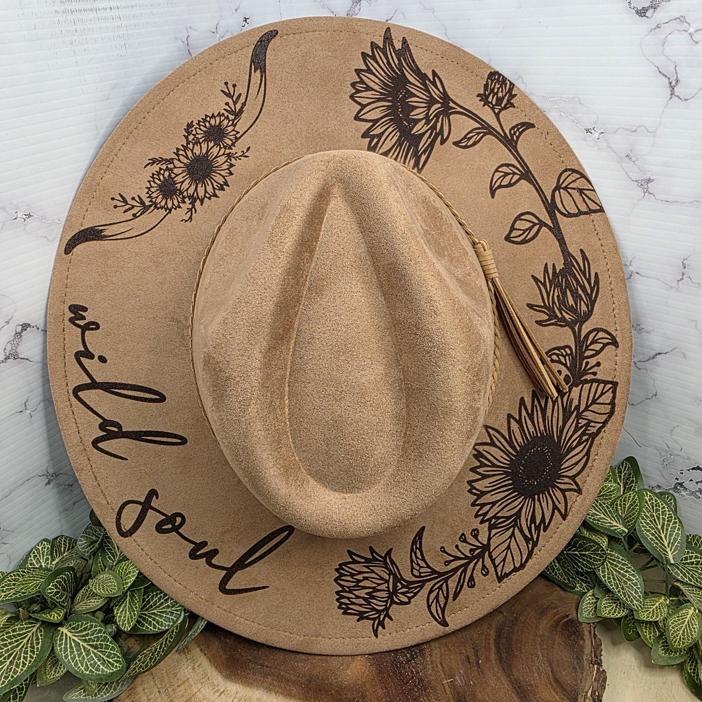 Wild Soul Sunflower Wide Brim Hat, Laser Engraved Fedora, Boho Wildflowers, Gift For Her