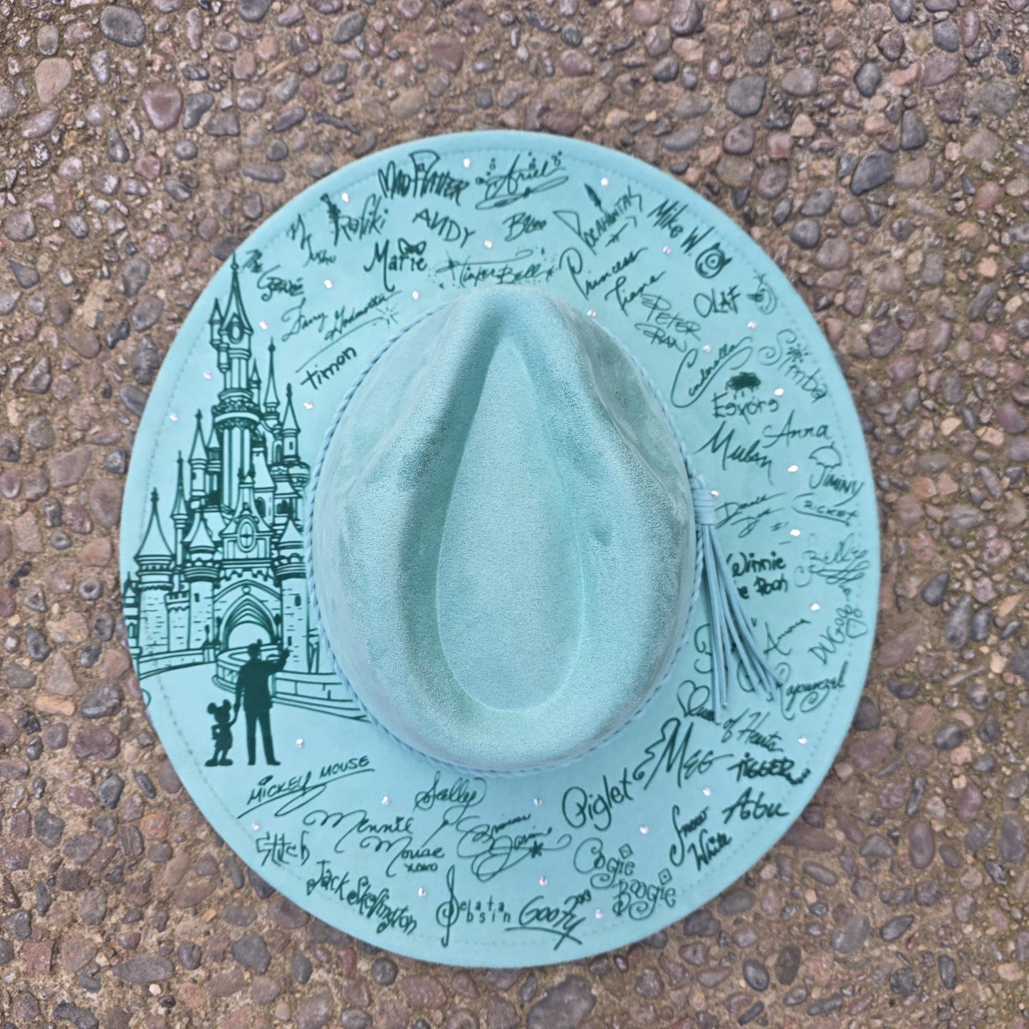 Fairytale Signature and Castle Engraved Wide Brim Hat, Rhinestone Western Fedora, Fantasy Inspired