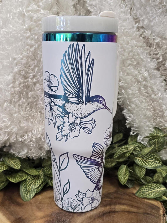 Hummingbird Laser Engraved Tumbler, 40oz, 30oz Stainless Steel Cup, Personalized Tumbler, Custom Cup. Garden Lover Elegant Water Bottle Gift