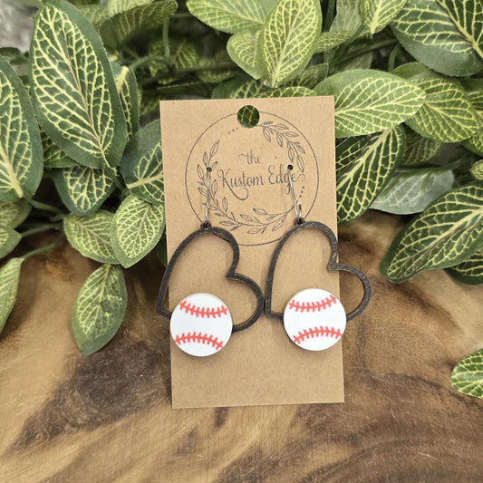 Baseball Lover Dangle Earrings, Wooden Heart Sports Lover, Handmade Hypoallergenic Drop Style