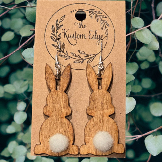 Laser Cut Wood Bunny Dangle Earrings: Fuzzy Tail, Spring Easter Gift