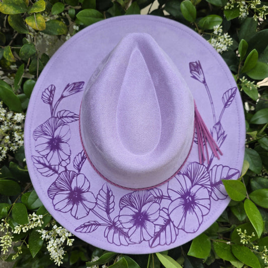 Pansy Floral Wide Brim Hat, Laser Engraved Fedora, Boho Flower Gift, Women's Floral Cap