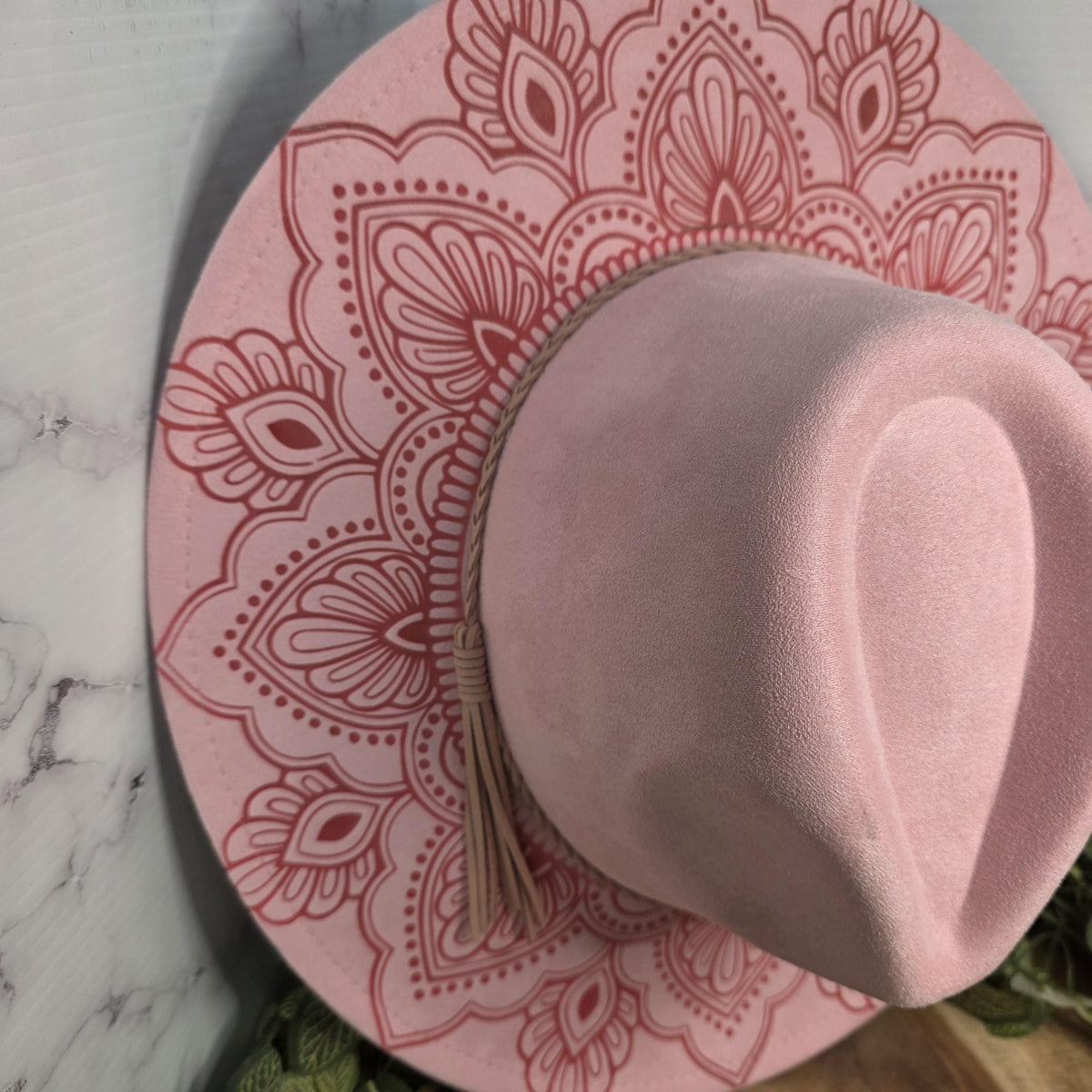 Mandala engraved wide brim hat with adjustable drawstring