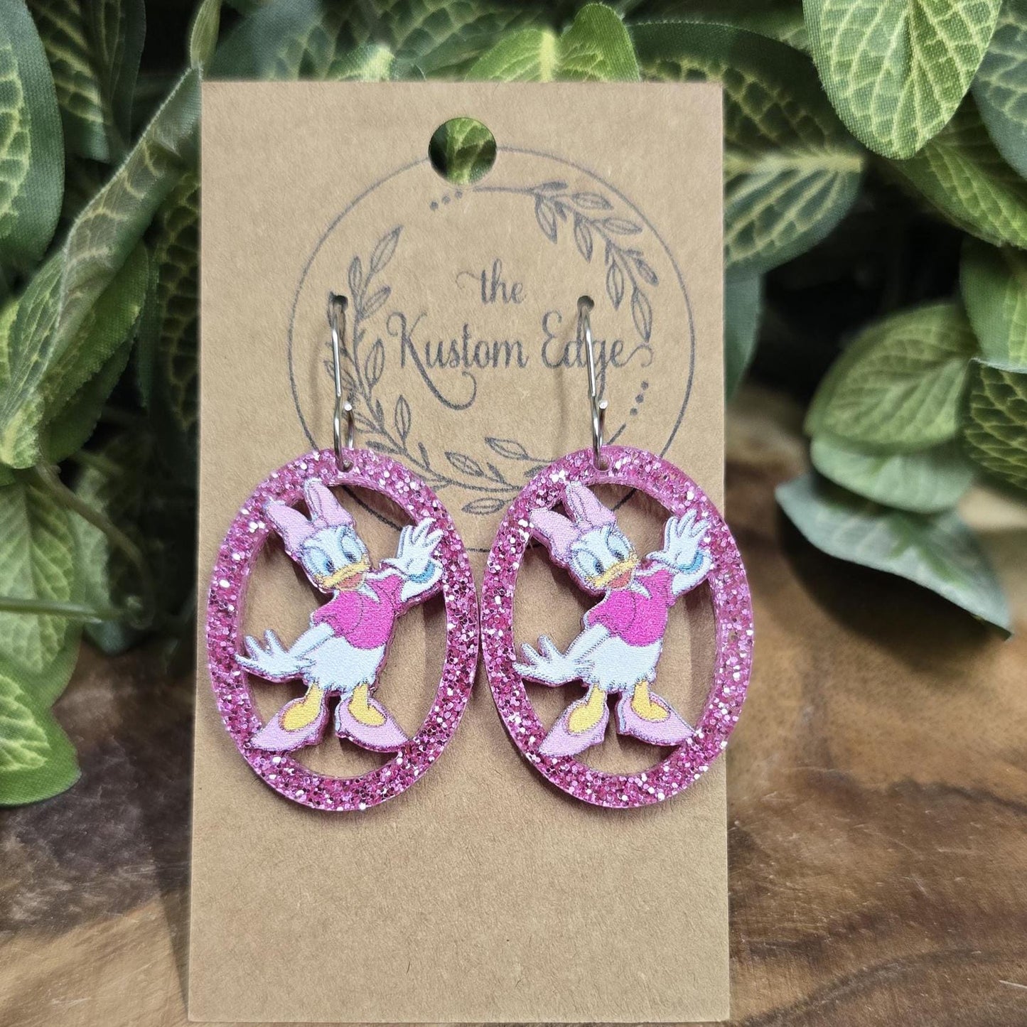 Daisy Duck Dangle Oval Drop Earrings, Sassy Duck, Lightweight Glitter Jewelry, Stainless Steel