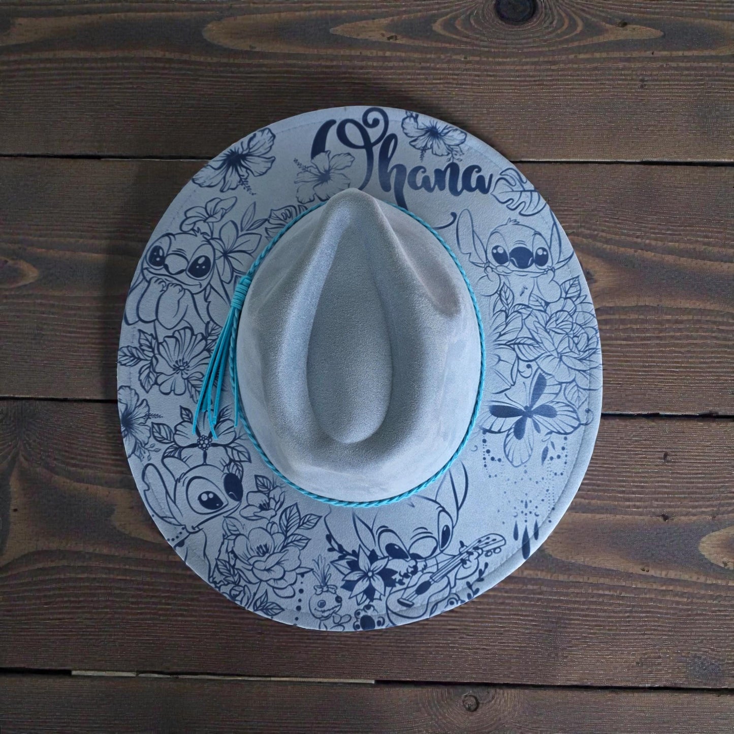 Stitch inspired tropical engraved wide brim hat flat lay